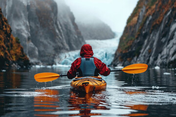 Solitary kayak adventure in misty glacier waters. Generative AI image