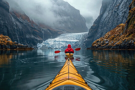Kayaking adventure in a dramatic mountain landscape. Generative AI image