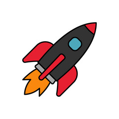 Flying rocket. Rocket ship launched to space. Business booster, start up, future, aim concept. Vector