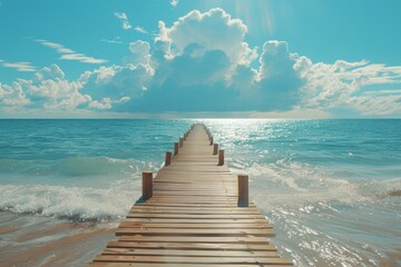 A wooden pier with a blue and white color scheme. The pier is located in the ocean and is surrounded by water. The image has a calm and peaceful mood, as it captures the beauty of the pier