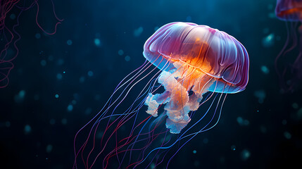 Obraz premium Glowing jellyfish swim deep in the ocean