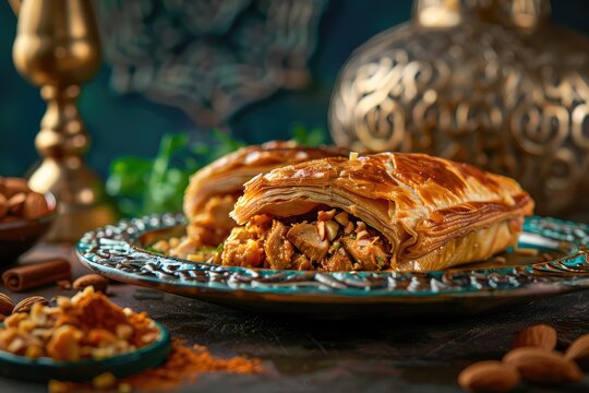 B'stilla or Bastilla, a Savory Moroccan Chicken Pie, Pastilla Pigeon Pie Topped with Almonds and Powdered Sugar