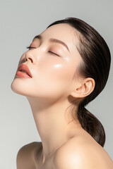 beautiful asian woman in full makeup on white background for advertisements from the cosmetics, massage and beauty industry, generative AI