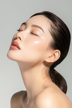 beautiful asian woman in full makeup on white background for advertisements from the cosmetics, massage and beauty industry, generative AI