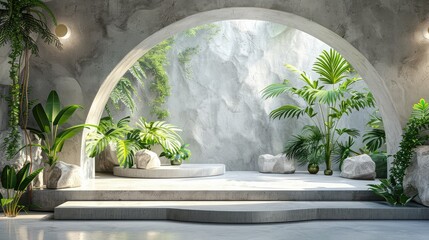 stone podium in the jungle forest 3d illustration, empty platform tropical forest background, natural stage for cosmetic product display minimal design.jpeg