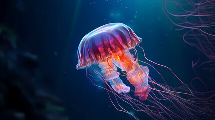 Fototapeta premium Glowing jellyfish swim deep in the ocean