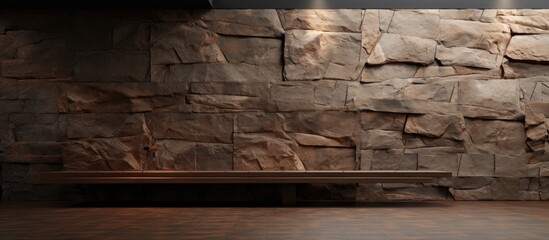 A rectangular wooden bench sits in front of a visually striking stone wall with intricate...