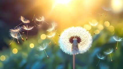 Dandelions in the sun, seeds fluttering in the wind