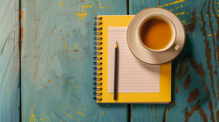 Cozy tea break with notebook and pencil on a rustic table. Generative AI image