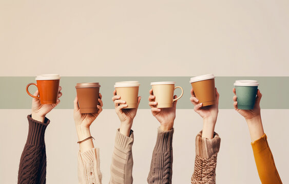 Anonymous diverse hands holding a variety of coffee cups.. Generative AI image