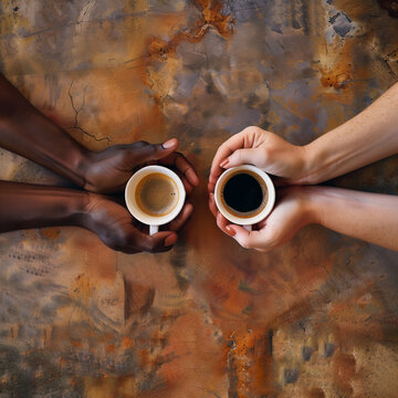 Two hands holding cups of coffee over rustic background. Generative AI image