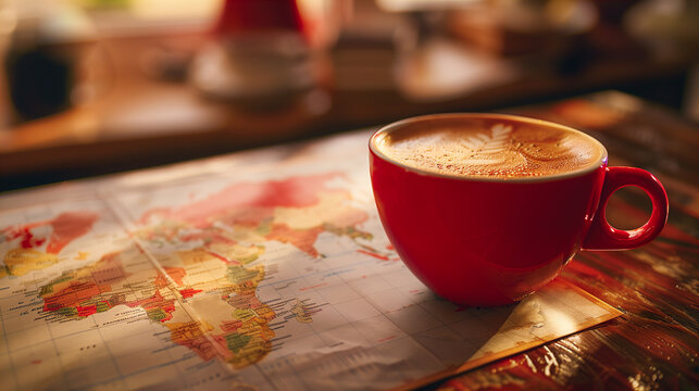 Red Coffee Cup on World Map for Travel Concept. Generative AI image