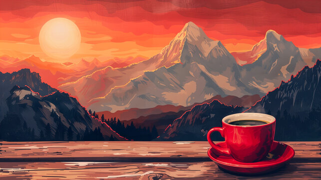 Coffee and Mountains at Sunset Illustration. Generative AI image