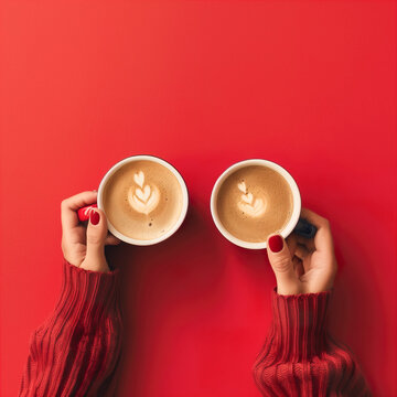 Anonymous hands holding coffee cups with latte art on red. Generative AI image