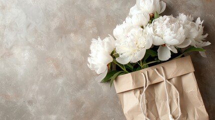 Beautiful white peony bouquet in paper bag copy space background. AI generated image