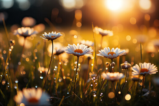 Golden hour glow on a field of daisies. Generative AI image