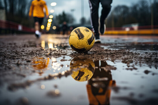 Soccer player and ball on a muddy field. Generative AI image