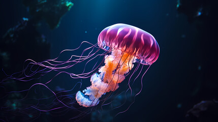 Glowing jellyfish swim deep in the ocean