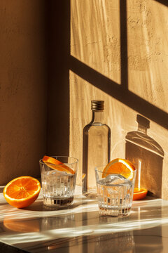 Golden Hour Still Life with Refreshing Citrus Drinks. Generative AI image