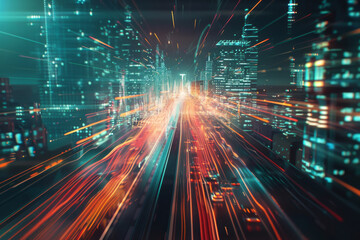Fototapeta premium Abstract speed light flow through the city with gradient and aesthetic Intricate lighting design Smart city and big data connection technology concept. 