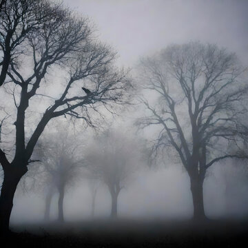 Trees and bird silhouettes in the misty forest.