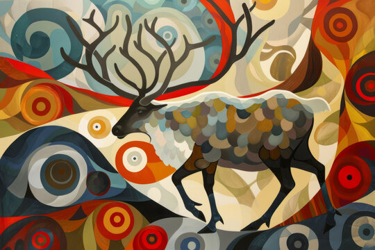 Indigenous style painting of a caribou in the arctic. 