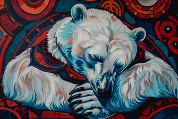 Indigenous style illustration of a polar bear in the arctic.  - obrazy, fototapety, plakaty