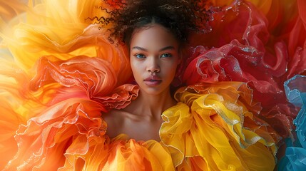 a symphony of color as our model struts amidst cascades of vibrant fabric and shimmering embellishments. Let the camera capture the electric energy of haute couture in motion - obrazy, fototapety, plakaty