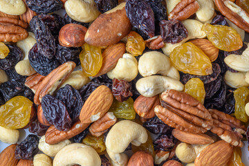 background with a cashew, hazelnuts, raisins and peanuts. Mixed nuts and raisins texture.12