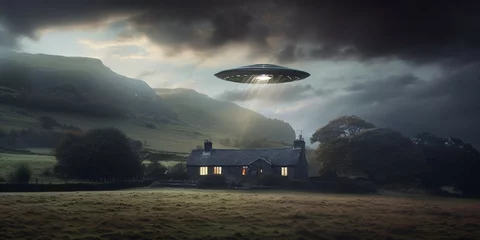 Zelfklevend Fotobehang Flying saucer over a house in the English Lake District, UK © Digital Waves