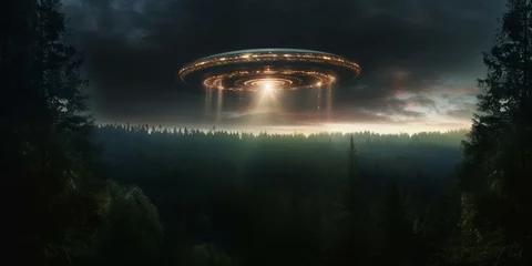 Photo sur Aluminium brossé UFO Fantasy alien planet. Flying saucer in deep space. 3D rendering