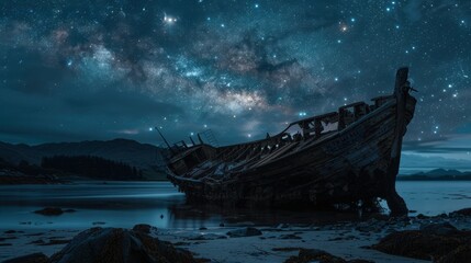 Beneath a canopy of stars, a shipwreck lies silent and haunting on the shores