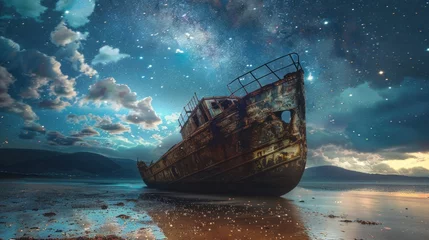 Rolgordijnen Beneath a canopy of stars, a shipwreck lies silent and haunting on the shores © DreamPointArt