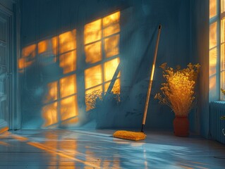 A mop and a broom resting on the floor of a room with sunlight streaming in through a window. - obrazy, fototapety, plakaty
