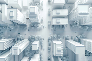 Top view of abstract modern city downtown looking as white architectural scale model with high rise building skyscrapers and empty street.  - obrazy, fototapety, plakaty