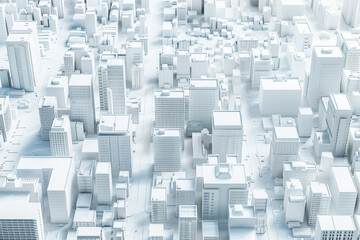 Top view of abstract modern city downtown looking as white architectural scale model with high rise building skyscrapers and empty street. 
