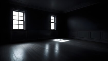 Empty dark room with large windows, sunrays from them - obrazy, fototapety, plakaty