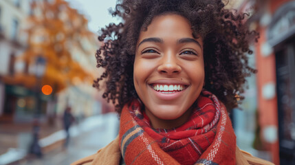 Portrait of a beautiful young smiling dark skinned girl with a good mood in an open space - obrazy, fototapety, plakaty