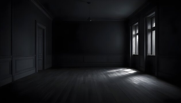Empty dark room with large windows, sunrays from them