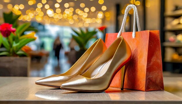 Sapato feminino e sacola de compras. Compras, Com&eacute;rcio, Venda, Mall, Moda feminina.