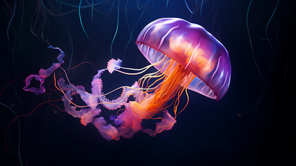 Underwater world concept, beautiful purple glowing jellyfish in the depths