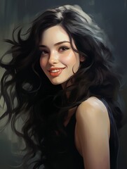 Lady with beautiful dark hair is smiling - generative ai