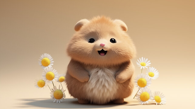 Adorable Animated cute Hamster Surrounded by White Daisies.