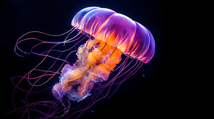 Fototapeta premium Underwater world concept, beautiful purple glowing jellyfish in the depths