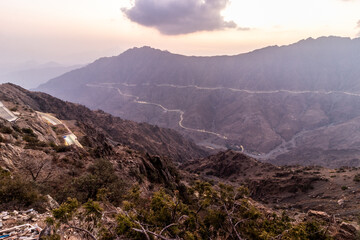 Obraz premium Evening view of a deep valley near Al Baha, Saudi Arabia