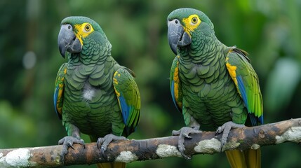 Obraz premium two green and yellow parrots sitting on a branch in front of a green and leafy backgroud.