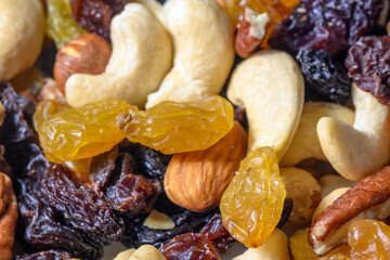 background with a cashew, hazelnuts, raisins and peanuts. Mixed nuts and raisins texture.10