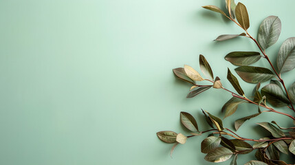 Laurel leaves on side of pastel colored light green background with copy space  