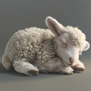 sleeping young sheep (lamb) sleeping peacefully on the floor on grey background