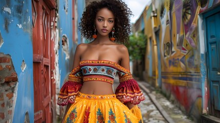 model showcases a vibrant array of colorful couture against an urban backdrop alive with graffiti...